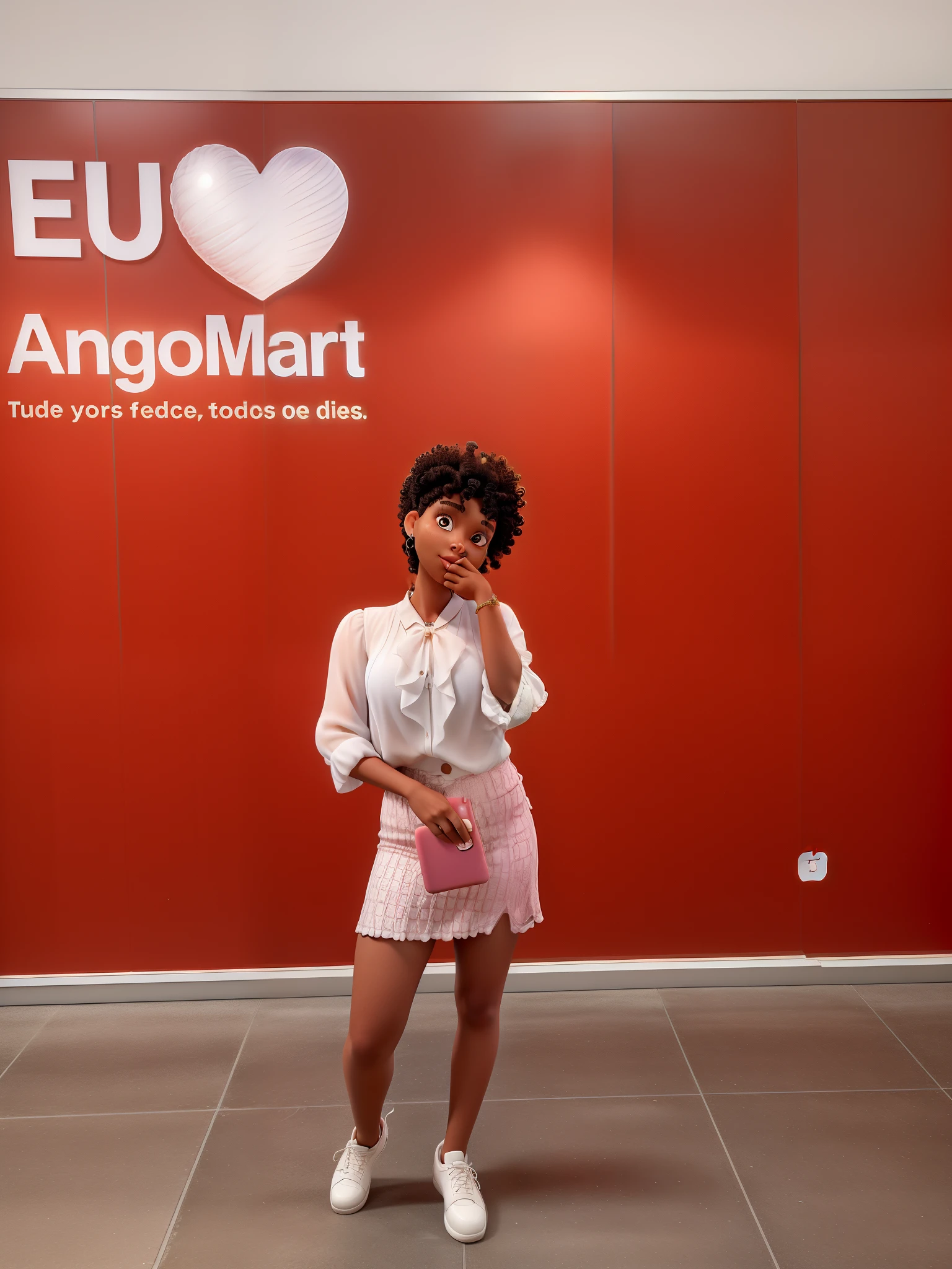 large mirror 22 year old young woman with curly hair and bob with iPhone 11 pro max in hand dressed in white blouse and tight pink chadres skirt