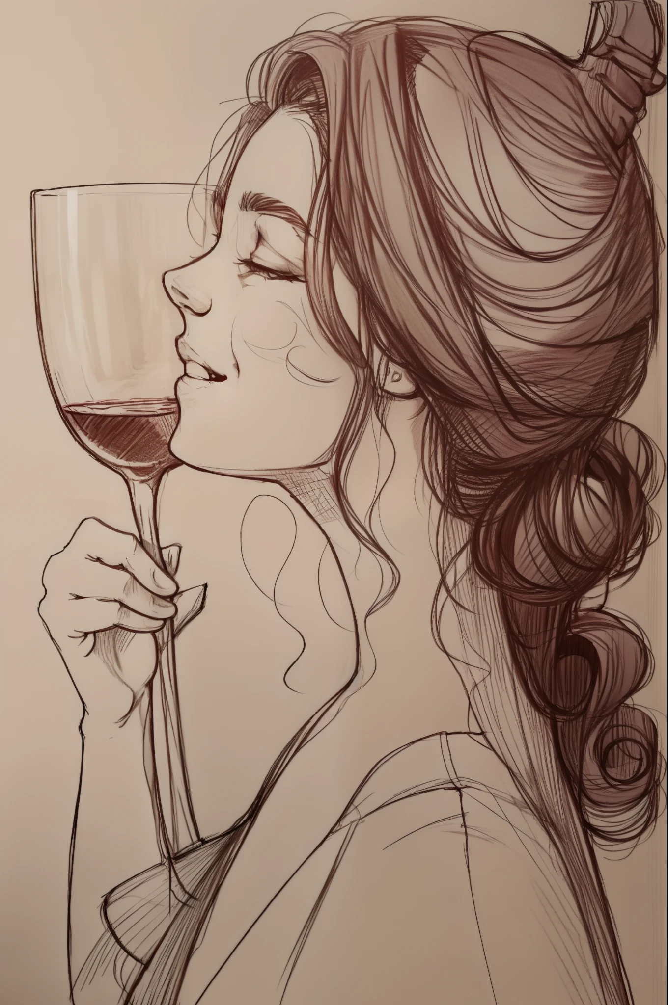 simple lineart of a woman in profile laughing and holding a glass of wine