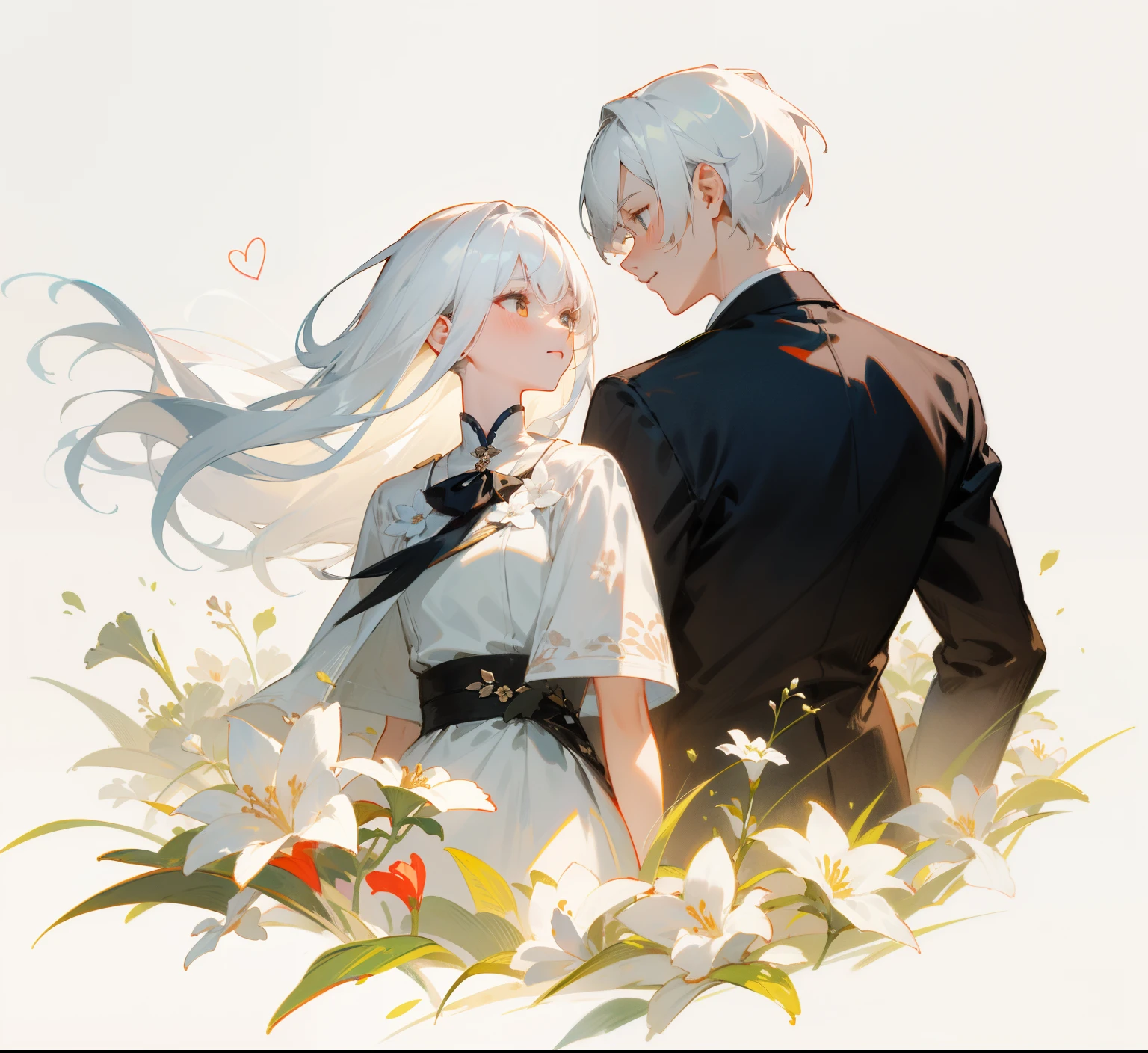 styles， masterpaintings， optimal quality， Special details， Illustration，lovey-dovey effect，the wind，florals，correct proportions，husband and wife，Atmosphere of love，Fresh tones，Simple background，Girls have long white hair，The boy has short white hair，（1male people）（1womanl）