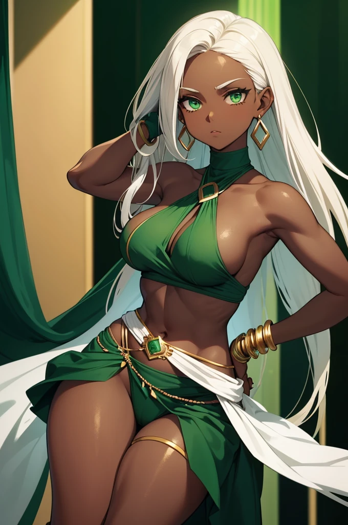 Dark skin woman, brown skin, white hair with light green highlights, green emerald eyes, dark blue halter top, dark blue elbow length gloves, green emerald bracelets, bare legs, dark blue shorts, green emerald loincloth