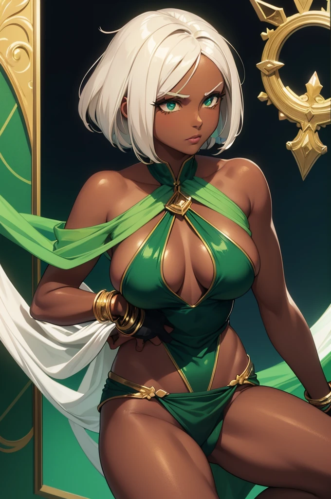 Dark skin woman, brown skin, white hair with light green highlights, green emerald eyes, dark blue halter top, dark blue elbow length gloves, green emerald bracelets, bare legs, dark blue shorts, green emerald loincloth