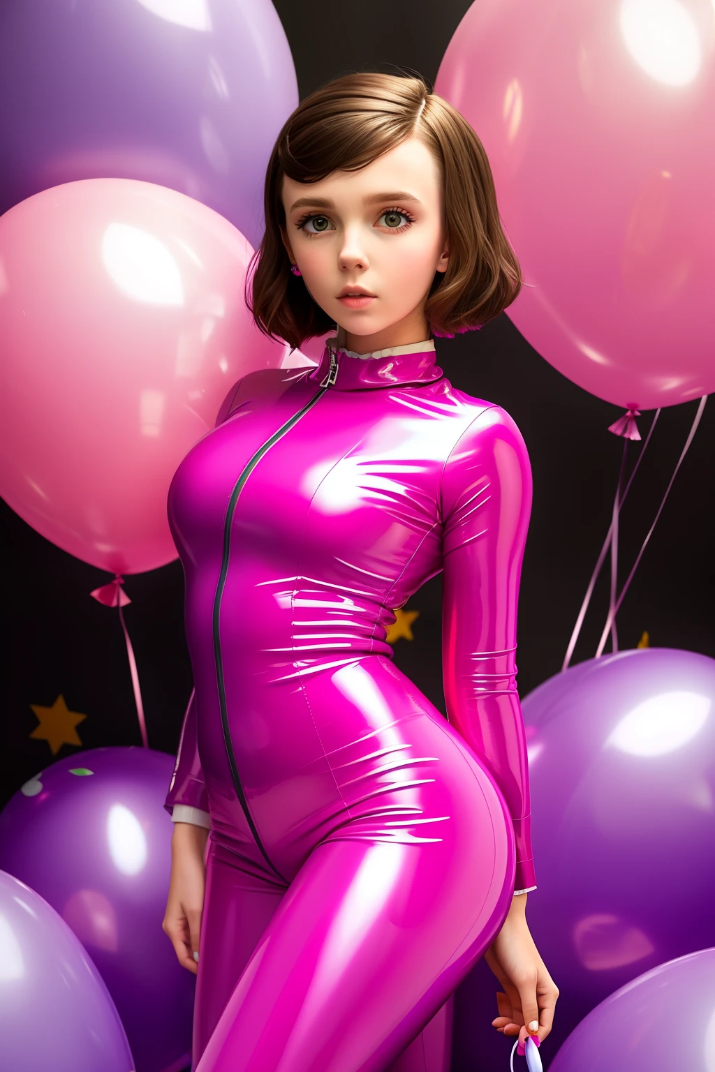 Millie bobbie brown look a like, dressed in pink latex, surrounded with big purple and pink balloons