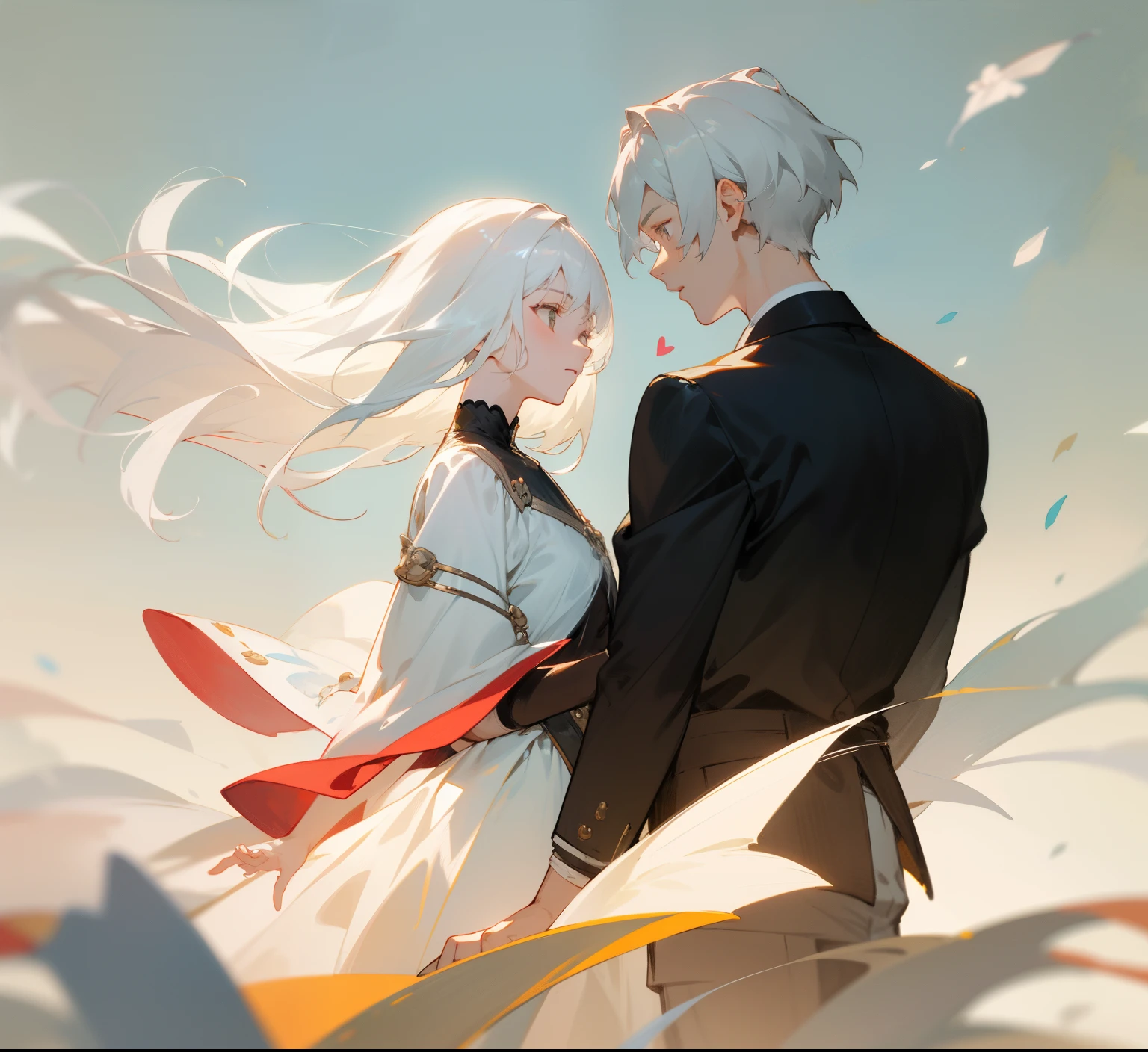 styles， masterpaintings， optimal quality， Special details， Illustration，Sweet interaction，the wind，florals，correct proportions，couples，Atmosphere of love，Fresh tones，Simple background，Girls have long white hair，The boy has short white hair，（1male people）（1womanl）