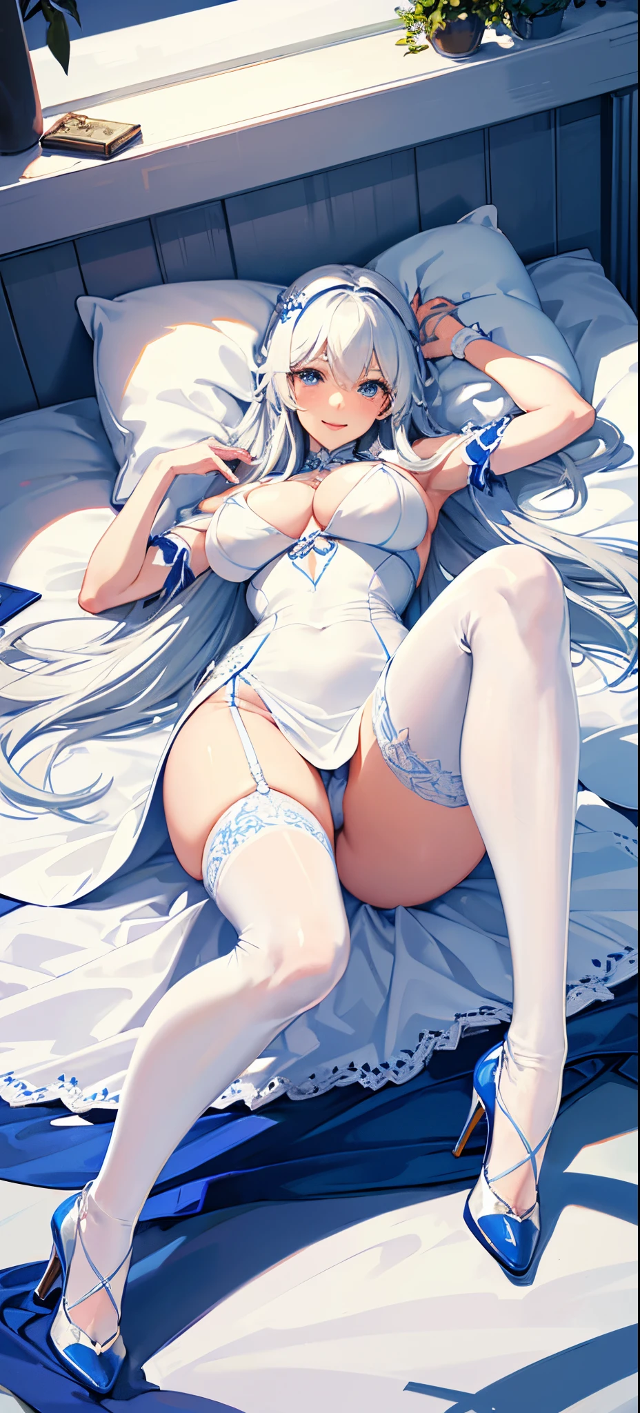 Adult woman, Long white hair, blue eyes, blue and white tight dress, Undress, open breasts, , Smile, Masterpiece, hiquality, in the bed, ((bed)), beatiful feet, blue high heels, ((high heels)), sexy ass , laying on her back , white stockings , ((stockings)) , laying on her back ,