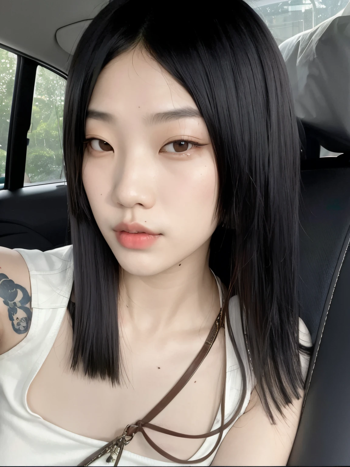 puffy Asian woman with a tattoo on her arm sitting in a car, O corte Hime, Jaeyeon Nam, cruel korean goth girl, Jinyoung Canela, preto hime corte cabelo, pale porcelain white skin, Heonhwa Choe, taken in the early 2020s, Sha Xi, branco hime corte penteado, TaeJune Kim, Wenfei Ye