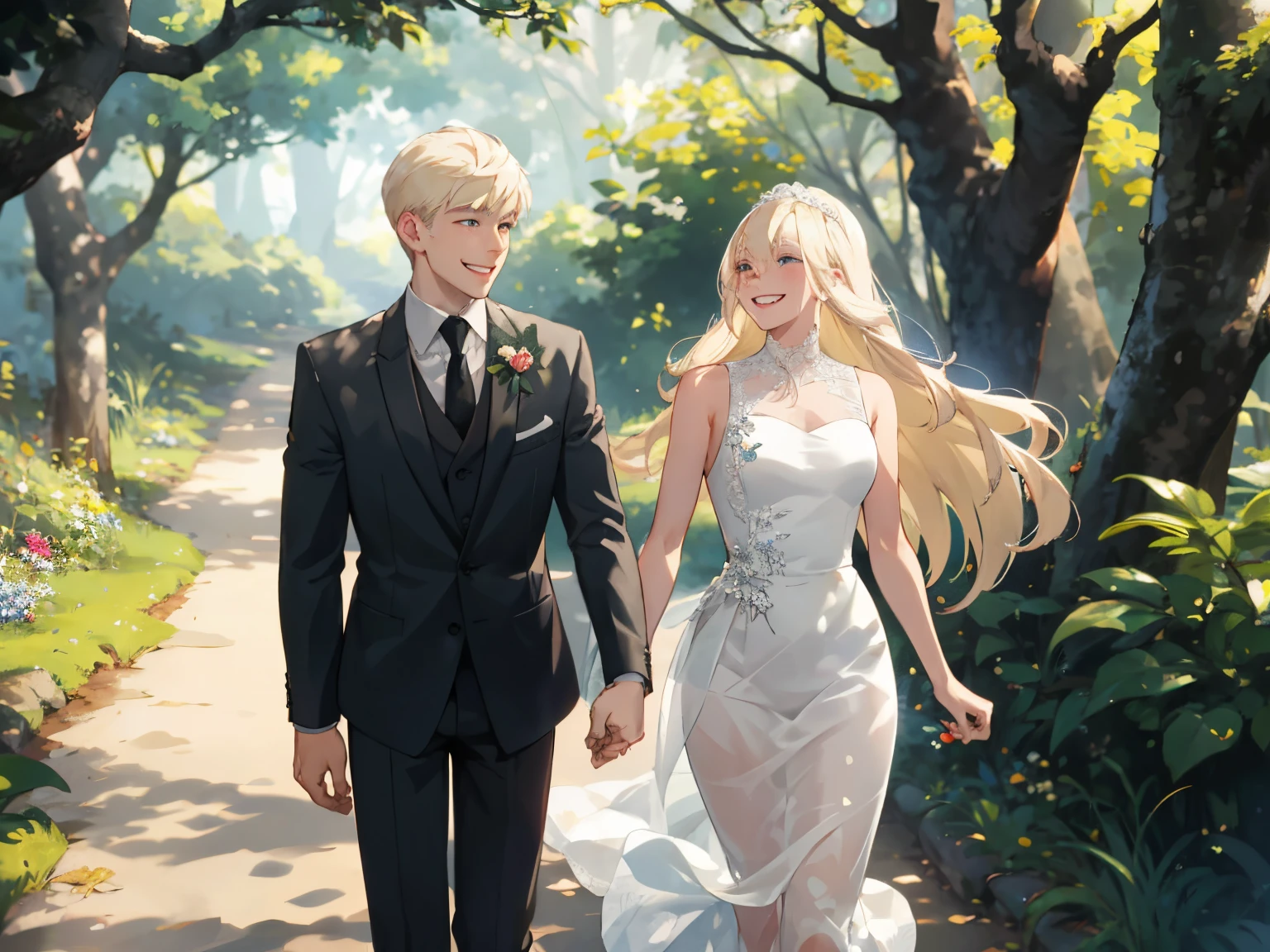 Best Quality, ultra-detailliert, 1womanl, 1male people{husband and wife}, platinum-blonde-hair, {Take a walk happily},
In the forest,smiling at each other,Sheer sunlight,Sleeveless Women,the man has a rough appearance