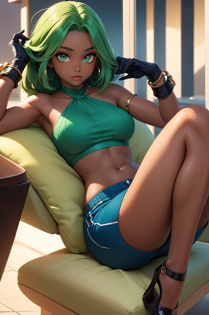 Dark skin woman, brown skin, seafoam color hair with light green highlights, green emerald eyes, dark blue halter top, dark blue elbow length gloves, green emerald bracelets, bare legs, dark blue shorts, green emerald loincloth