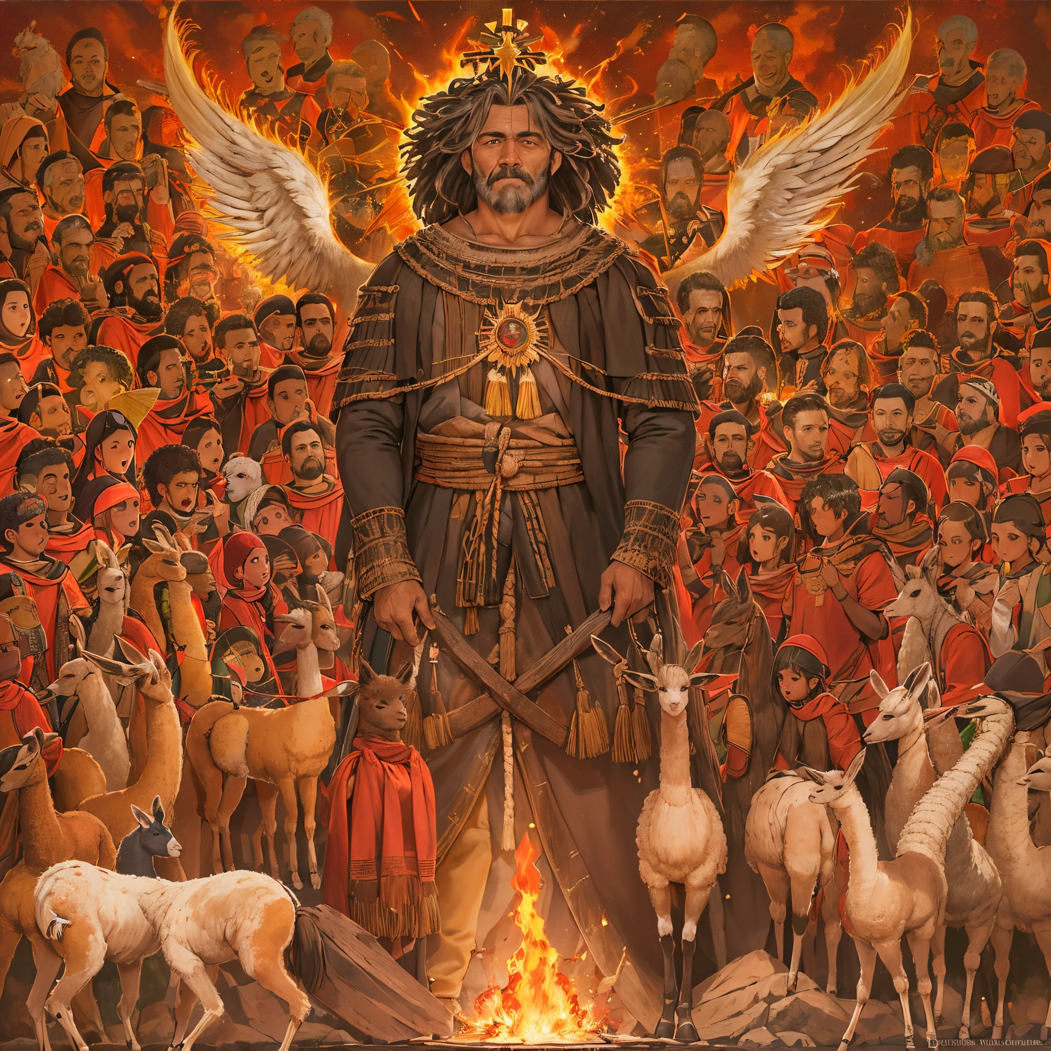 obra maestra, mejor calidad, ultra detallado,La mejor calidad,Altas Resoluciones,(1hombre)Dios de la guerra cruzado de brazos,postura imponente,armadura de curo,musculoso,barba larga y negra,llamas amarillas y negras a su alrededor,particulas de fuego flotando en el aire,ojos encendidos de color rojo claro,cicatriz de fuego,calvo sin pelo,gesto desafiante y de enfado,Mirando al espectador,aura,energy
