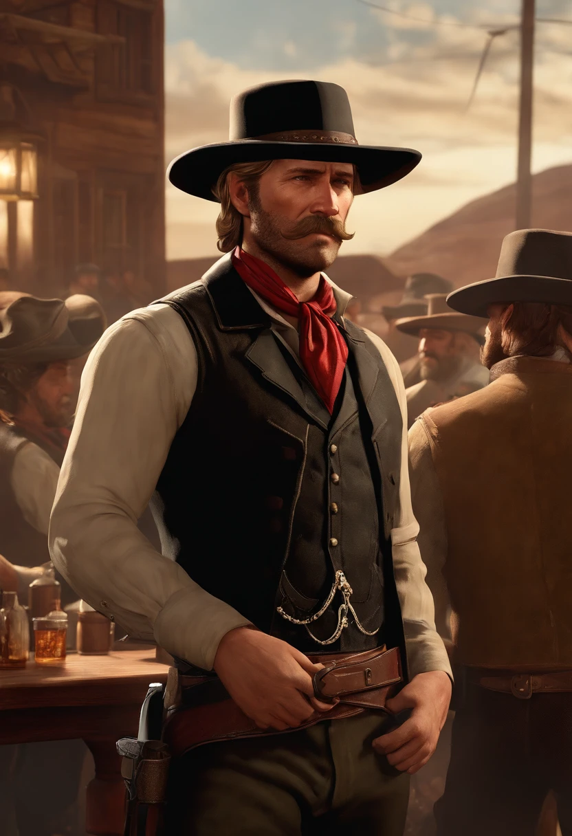 A photo of a rowdy saloon, with people dancing on tables, drinks being spilled, and general mayhem all around.,Red Dead Redemption 2,Micah has shoulder-length blond hair, along with a thick horseshoe mustache and side-whiskers. Micah is slightly portly and often wears an undone black leather coat, a red or black shirt accompanied by a red vest, a blue neckerchief, beige trousers, and a white hat.