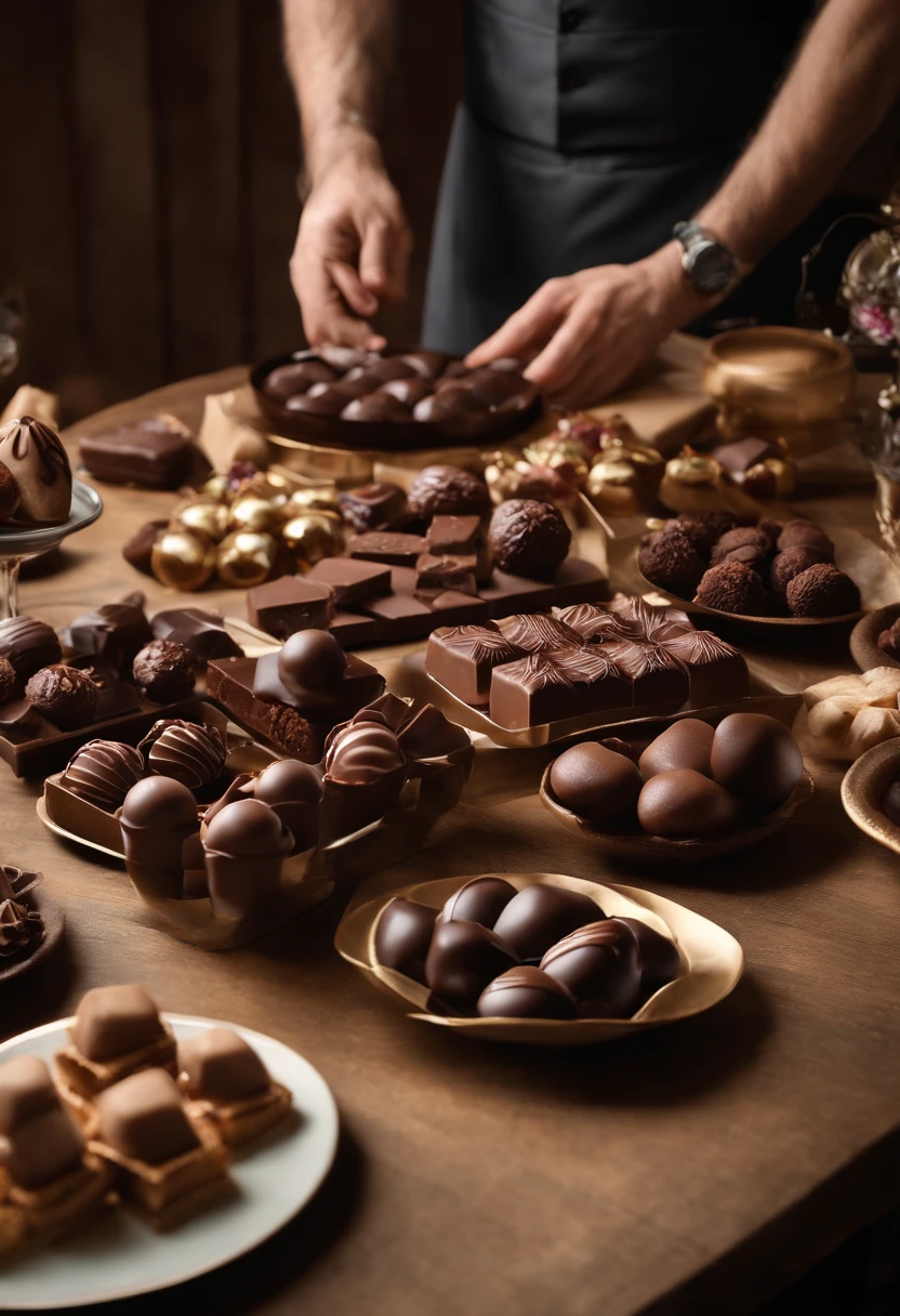 A photo of a table filled with different types of chocolate treats, including truffles, bonbons, and chocolate-dipped strawberries, all beautifully arranged on elegant platters.,original,Extremely handsome white man with dark hair and some stubble. Chiseled face. Early to mid forties. Chef. Chocolate maker.