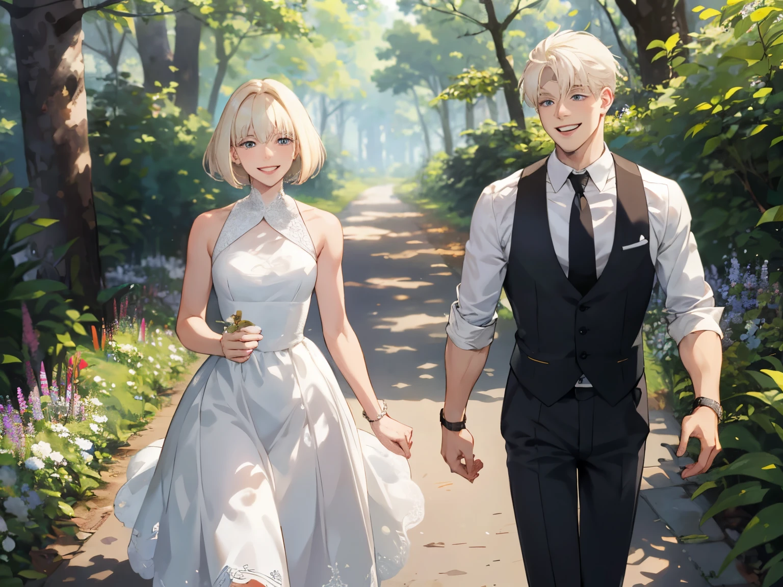 Best Quality, ultra-detailliert, 1womanl, 1male people{a couple}, platinum-blonde-hair, {Take a walk happily},
In the forest,smiling at each other,Sheer sunlight,Sleeveless Women,the man has a rough appearance