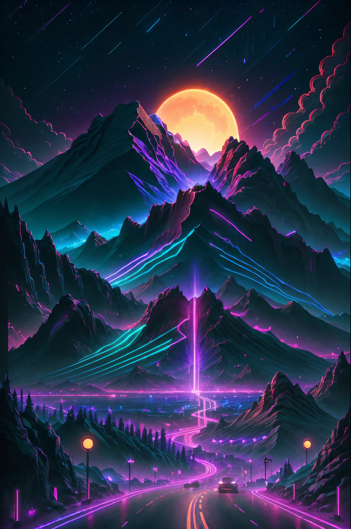 retrowave.  road,  purple neon lights, sun, mountain, 
(masterpiece,detailed,highres),