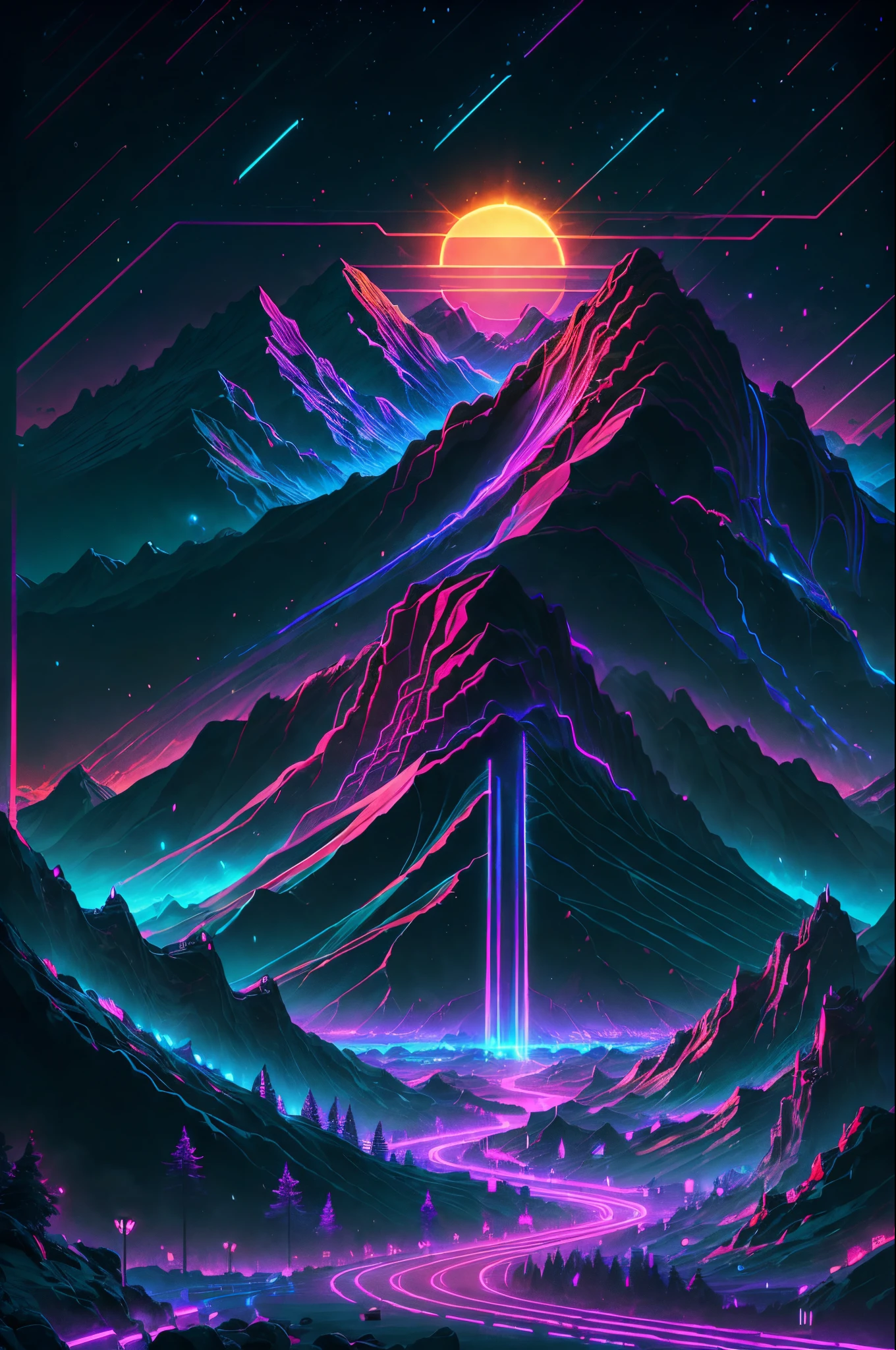 retrowave.  road,  purple neon lights, sun, mountain, 
(masterpiece,detailed,highres),