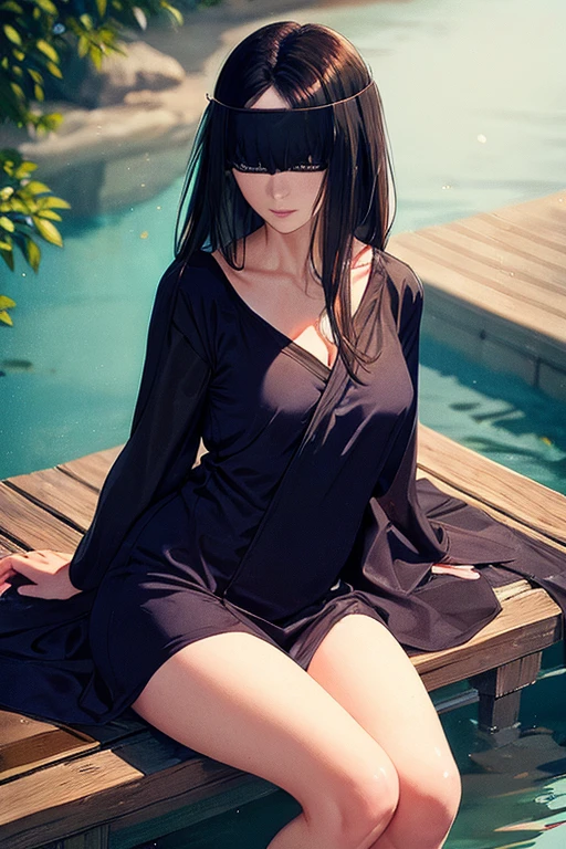 A small chested woman wearing long, modest, colorful, silk robes and a blindfold with floor length black hair sitting in a traditional asian garden by a pond.  she looks soft and peaceful