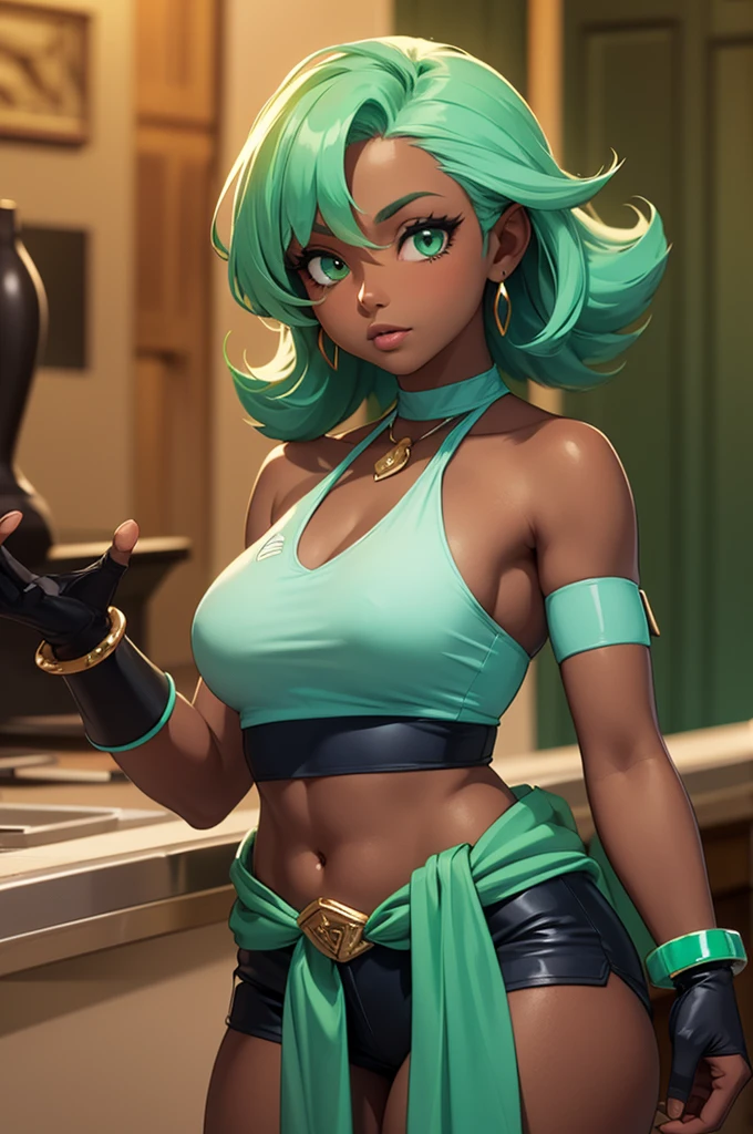 Dark skin woman, brown skin, seafoam color hair with light green highlights, green emerald eyes, dark blue halter top, dark blue elbow length gloves, green emerald bracelets, bare legs, dark blue shorts, green emerald loincloth