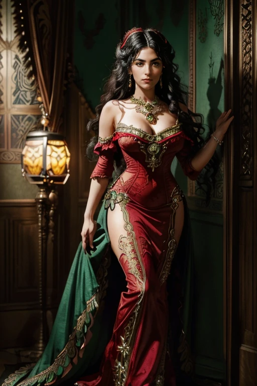 (ultra-detailed, photorealistic, best quality, 4k, highres, masterpiece:1.3), Madame Seraphina Valenforde, age 30, with long, flowing raven-black hair styled in an intricate updo adorned with jeweled pins, deep emerald green eyes, fair complexion with a small beauty mark just below her left eye, wearing a provocative and seductive outfit made from luxurious velvet and lace, featuring a plunging neckline and a corset-style bodice that accentuates her figure, the gown has sheer lace panels and a high slit in the floor-length skirt, exquisite jewelry including a choker necklace with a large emerald pendant, intricate earrings, multiple rings on her fingers, holding a delicate, lace-trimmed fan, opulent interior of her brothel in the background, rich decor, plush furnishings, warm and inviting atmosphere, reflecting her elegance, charm, and the power she wields in the city of Eldoria Prime, (intricate detail, super finely detailed hands, ultra finely detailed fingers, full body showcase, show full body).