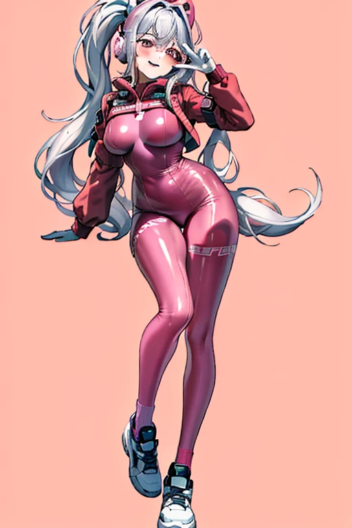 {{{masterpiece, best quality, illustration,game_cg}}}, 1girl, latex tights, pink tights, carved tights, {{{burst breasts}}}, pink, headphones, double ponytail, shiny, full body, bangs, long pink double ponytail, blush, gloves, impossible clothes, latex, latex jumpsuit, short coat, tight, shrugged\(clothes\), medium bust, thin waist, perfect figure, thin legs, long sleeves , looking at the audience, pink eyes, simple background, skin firmness, smile, solo, posing, very long hair, white gloves, white hair