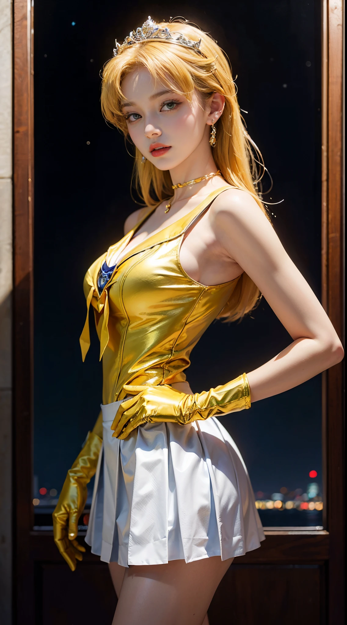 ((masterpiece:1.4)、(top-quality:1.4)、(reallistic:1.7))、masuter piece:1.4、a beauty girl、(Sailor Moon:1.4)、Tsukino Usagi、Body Fit Sexy Sailor Senshi Uniform、(latex shiny)、(The jacket is a white sleeveless sailor suit..)、(Skirt Blue Sexy Ultra Ultra Pleated Mini Skirt)、There are two thin blue lines on the collar of the sailor uniform....、high leg swimsuit、Red cloth ornament at chest、(Wearing white gloves)、Kawaii Girl、Super beauty、foco nítido、Portrait photos、(Perfect female body:1.4)、perfectly proportions、Upper body photography:1.4、美丽的面容、beautidful eyes、Narrow waist、beauty legs、(yellow hair:1.4)、(length hair:1.2)、Beautiful udder、large full breasts:1.2、Sexy ass、Raw photo、red-lips、Red high heels:1.4、a choker:1.4、a necklace:1.4、耳环:1.4、Luxurious Golden Tiara:1.4、1 screen display、a moon、kosmos、spaceships、A space station、City of the Future