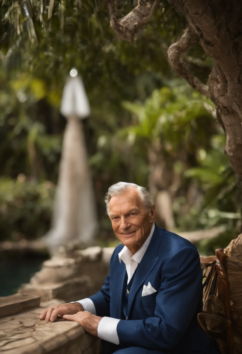 A photo of a luxurious private island resort,original,Hugh Hefner, the founder of Playboy magazine, was known for his distinctive appearance: often clad in luxurious silk pajamas or a smoking jacket, paired with a sailor’s cap or a smoking pipe, projecting an image of casual opulence. He maintained a well-groomed look with his hair neatly combed back, and later in life, he was recognized by his mature, yet charming demeanor.