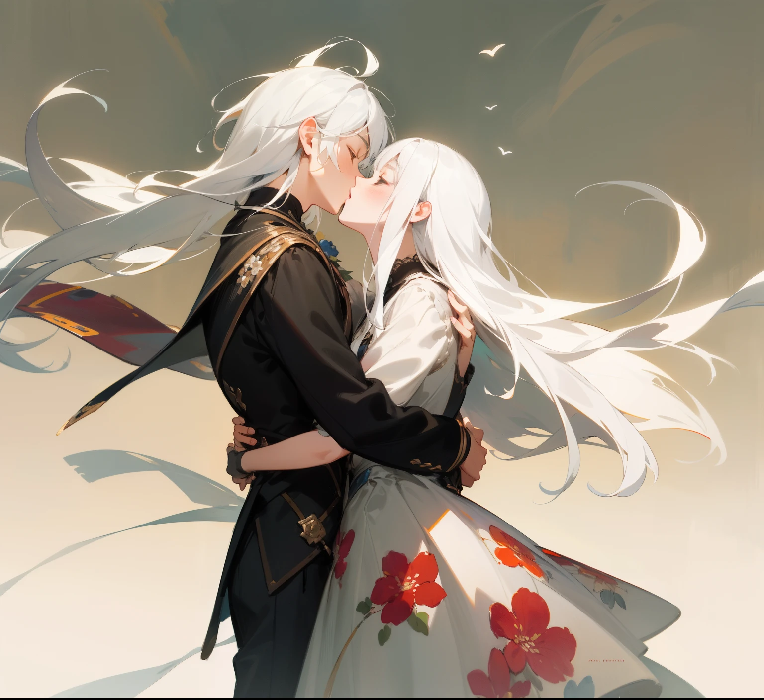 styles， masterpaintings， optimal quality， Special details， Illustration，show off a sweet kiss，the wind，florals，correct proportions，Couples，Atmosphere of love，Fresh tones，Simple background，Girls have long white hair，The boy has short white hair，（1male people）（1womanl）