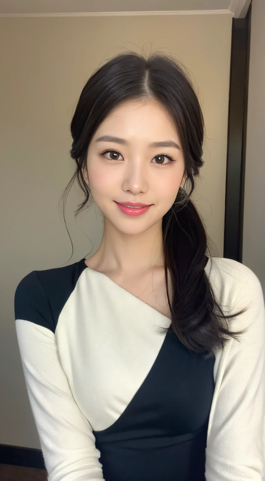 (Korean female), 1girl in, Realism, ((Best Quality, 8K, masutepiece: 1.3)), Nikon Camera, Opening Room F1.2, Photo textures, In the bedroom, High contrast, (An elegant dress), (Face Close-up), Fine skin texture, Fine fabric texture, Slim dresses in black or navy blue, Paired with mid-heeled heels, Can increase temperament. Pair it with a simple short jacket、Increases layering and professionalism。, Comes with a simple and elegant handbag, it looks more decent, Choose from a simple, neat low ponytail or sleek straight hair., Choose natural brown or black hair color, You should choose base makeup that is natural to your skin color., In pale colored eyeshadow and lipstick, it looks more decent and delicate, (Snow-white skin), Whitened skin, Smile