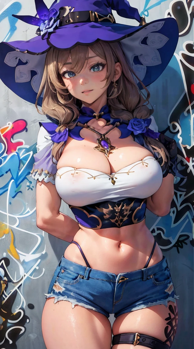Lisa|genshin impact, master-piece, bestquality, 1girls,25 years old, shorts jeans, oversized breasts, ,bara, crop top, shorts jeans, choker, (Graffiti:1.5), Splash with purple lightning pattern., arm behind back, against wall, View viewers from the front., Thigh strap, Head tilt, bored, water eyes,