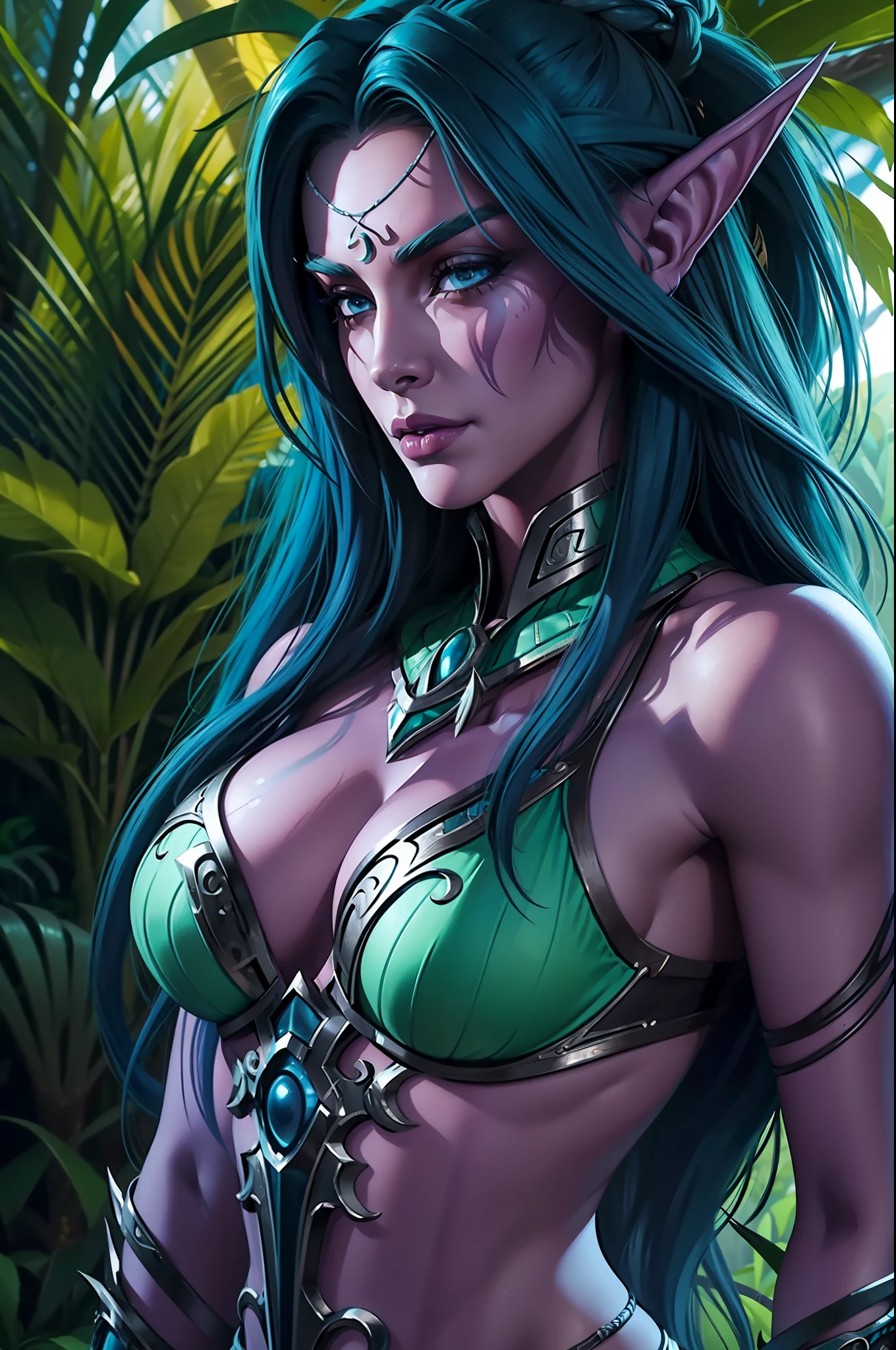 ultra high detailed illustration of a Tyrande Whisperwind wondering through jungle, giant black panther next to her, high quality, super quality, sharp details, high details, octane render, unreal engine 5.0 graphics, cinematic look, realistic, hyper-realism, {{{Warcraft}}}, warcraft character, nice slim body, perfect body, beautiful body, beautiful face, very nice face, very nice facial features, very detailed face, very detailed facial features, high detailed body, high detailed face, nice cloth