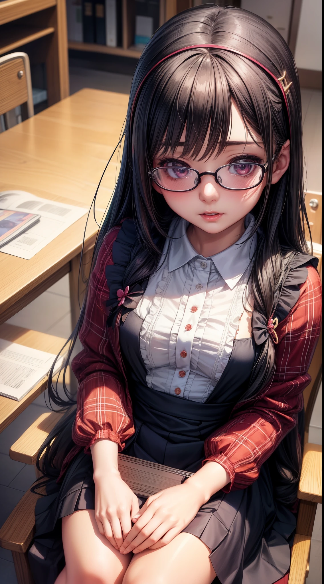 (Tabletop:1.0), (highest quality:1.4), (High resolution:1.2), From the side,Sharp contours,  boyish, highest quality, masterpiece,Glasses,Voice of the Heart,20-year-old woman,yandere,Big Breasts,Chest to chest,Lying face down,Upper Body,Ecstasy,saliva,blush,Squint your eyes,Heterochromia iridis,Tuck up your clothes,lure