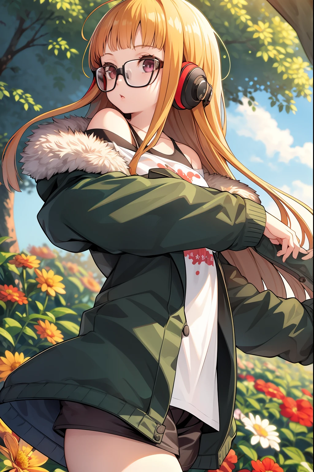 masterpiece, best quality, highres,
1girl, futabasakura, blunt bangs, glasses, black-framed eyewear, ahoge, small breasts,
glasses,  headphones, behind-the-head headphones, white shirt, jacket, off shoulder, fur trim, fur-trimmed jacket,  green jacket, shorts, thighhighs, boots,
 cowboy shot, garden, flowers, trees, golden hour,