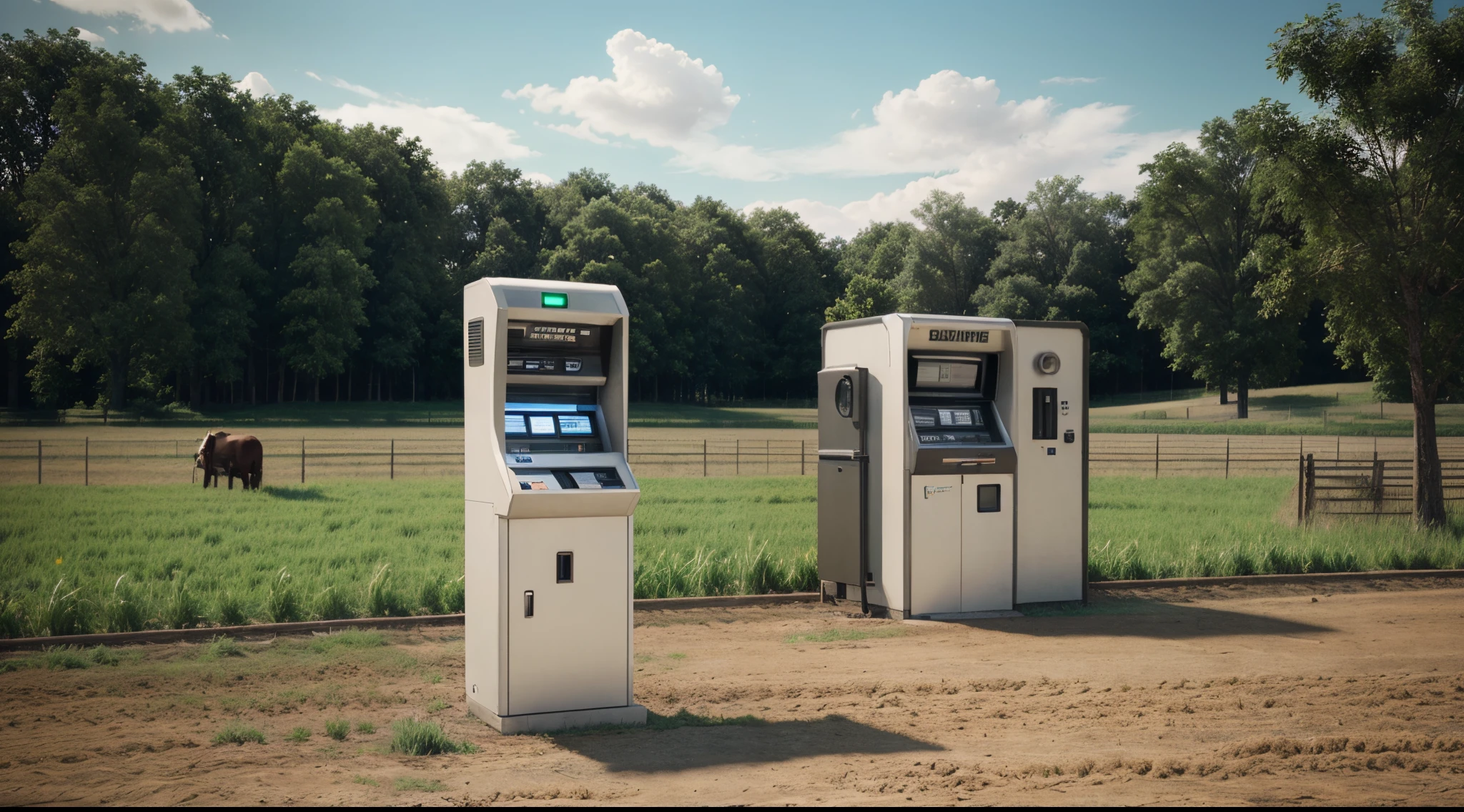photorealism ATM machine with blank screen in a farm landscape, ultra realistic, cinematic light, 8k