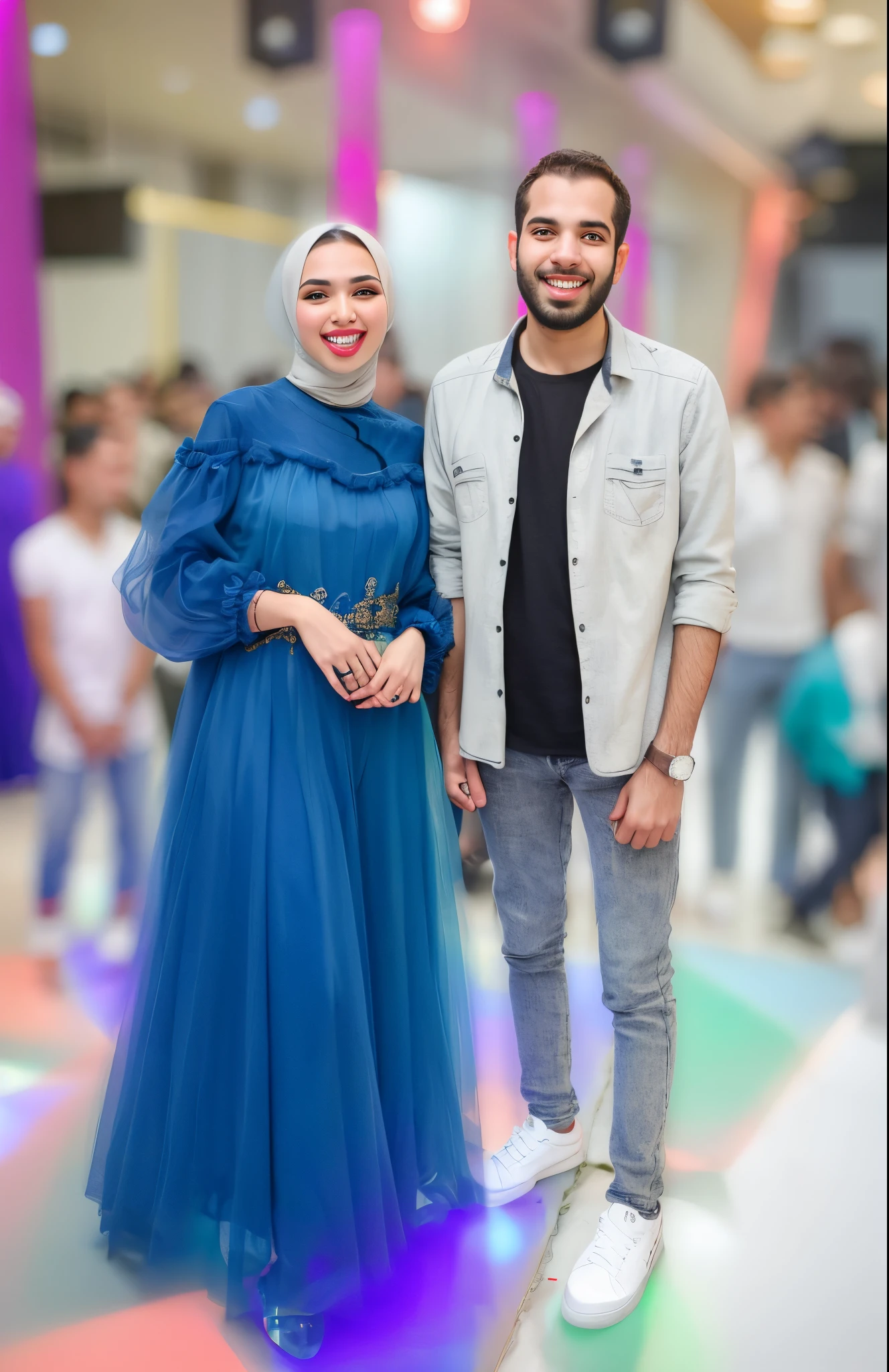 There are two people standing next to each other in a room, by Nazmi Zia Goran, edited, amr elshamy, shot on canon eos r5, fashion show, shot on canon eos r 5, image of full body, In the background, by Shadi Safadi, complex background, photo portrait, Smooth in _ Background