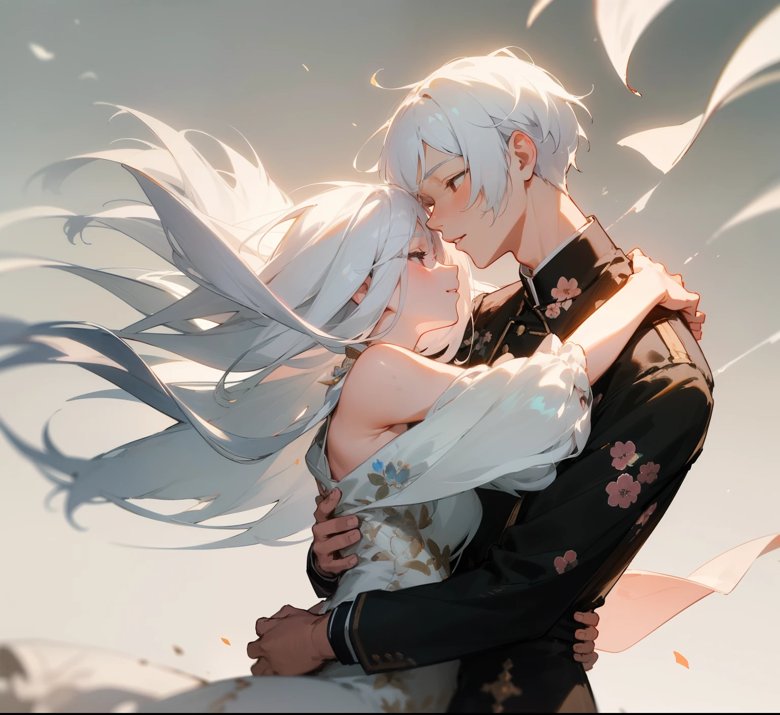 styles, masterpaintings, optimal quality, Special details, Illustration,Showing off sweet sex,the wind,florals,correct proportions,Couples,Atmosphere of love,Fresh tones,Simple background,Girls have long white hair,The boy has short white hair,(1male people)(1womanl)