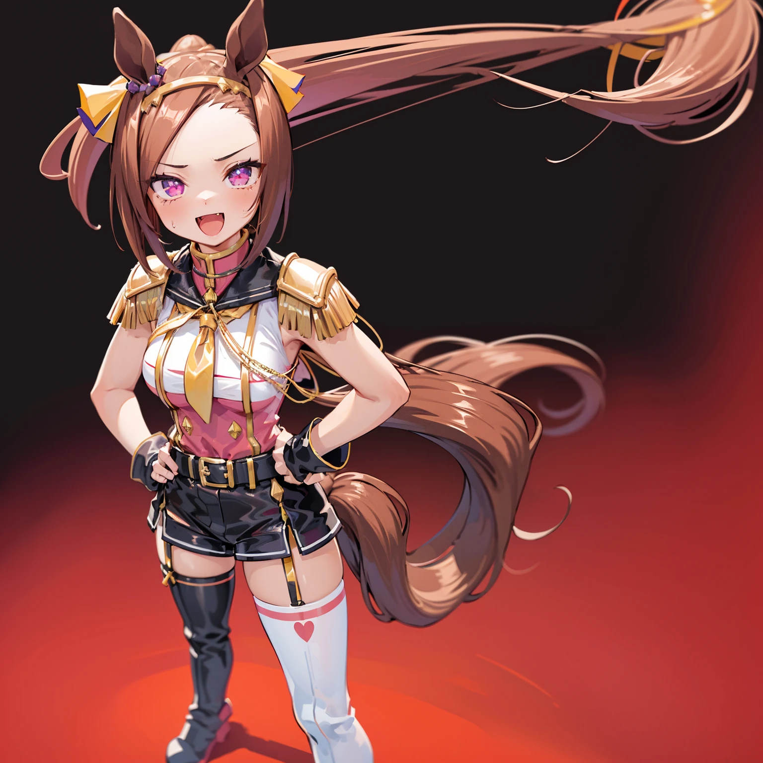 ultra-detailed,nsfw,
(1girl,solo),
(full body),
(big laugh),
(horse tail), (shiny,full bodysuit,belt,thigh boots),
sakura bakushin o \(umamusme\), 
(simple background),
(hands on hips,standing),