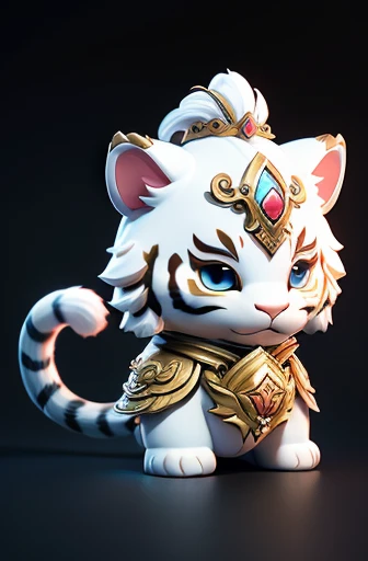 masterpiece, best quality, white tiger, cute, small, round body, cute face, two tails, gold Asian armor, simple background, solo