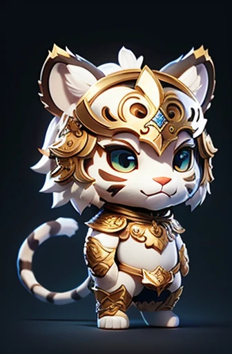 masterpiece, best quality, white tiger, cute, small, round body, cute face, two tails, gold Asian armor, simple background, solo