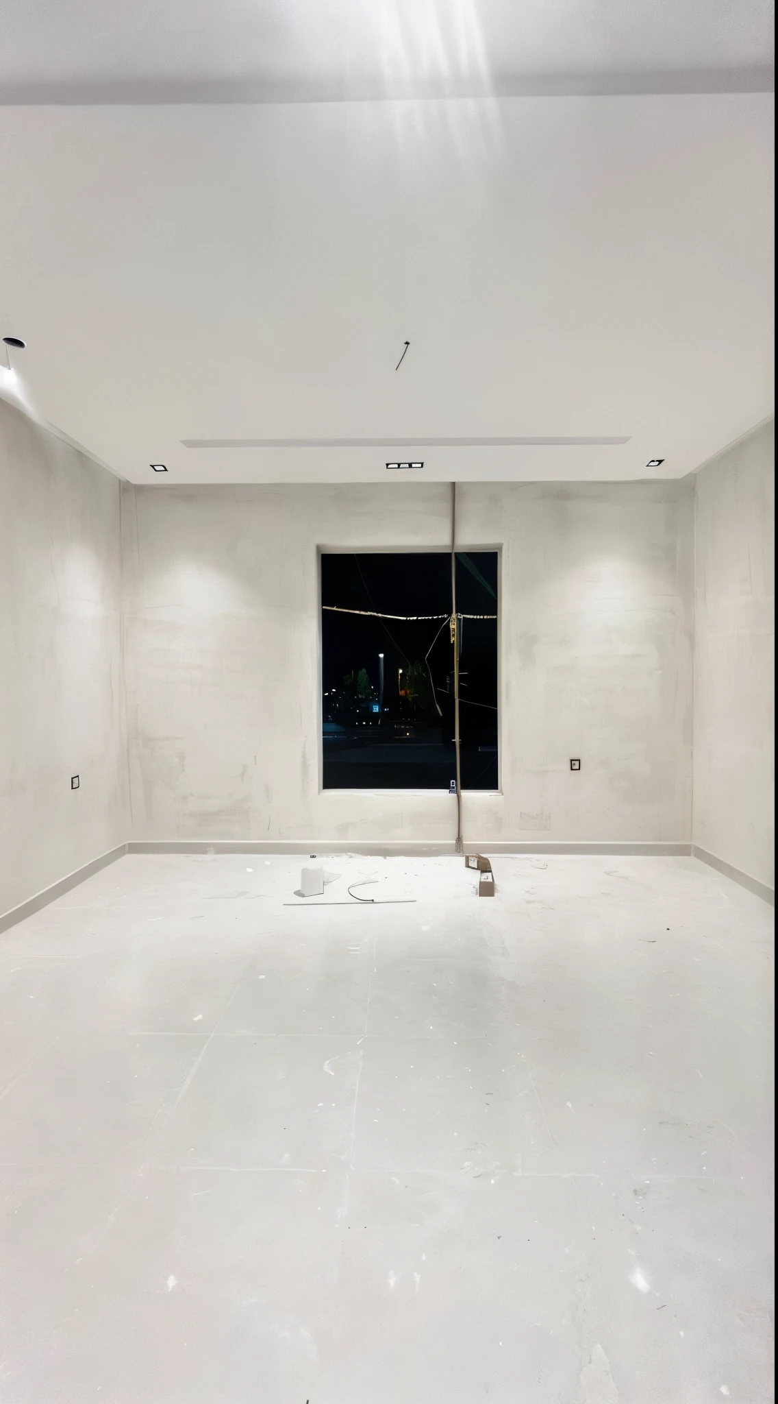 a hotel master bed room with window in the center the bed on the left. change the floor to white. and use beige for walls, make it night shot room with a window and a white floor with a white wall, stucco walls, photo from 2022, interior white wall, slick wet walls, white marble walls, white wall  workshop, wall ], 8 k. filling of the view, empty room with black walls, white concrete floor, marble room, render to resolute perfection