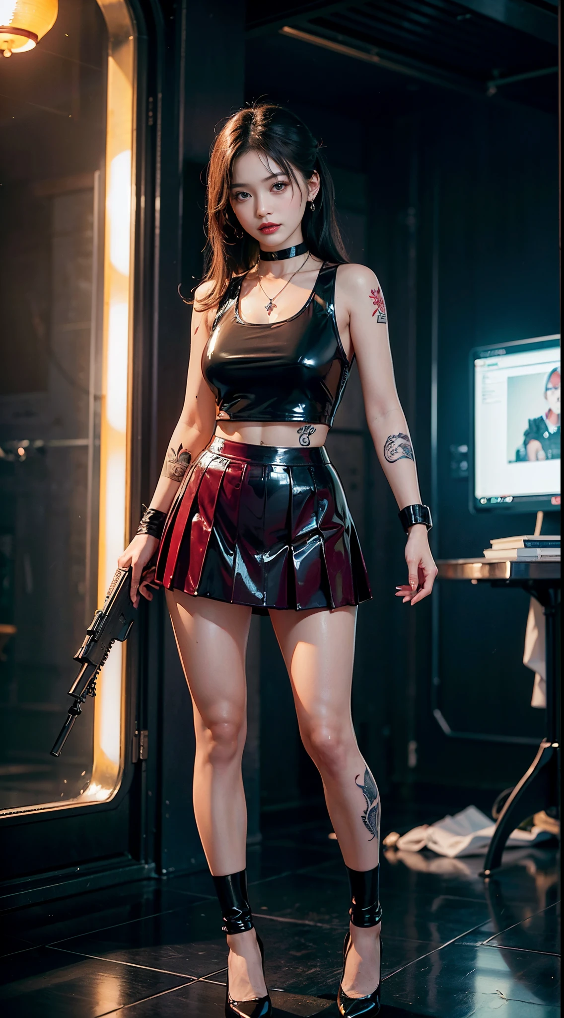 ((masterpiece:1.4)、(top-quality:1.4)、(reallistic:1.7))、masuter piece:1.4、(Top-of-the-line rendering:1.4)、(Female SWAT member of the 73rd Division of the Space Federation:1.4)、Super Beautiful Investigator、(hold a gun:1.2)、Body Fit Sexy Uniform、(Glossy luxury latex:1.4)、(Navy blue sleeveless uniform jacket)、(Underwear White Sexy Super Ultra Bikini)、(Luxury Red Latex:1.4)、(Red pleated mini skirt:1.4)、22year old、(Cute tattoos:1.4)、(Wearing white gloves)、Kawaii Girl、Super beauty、foco nítido、Portrait photos、(Perfect female body:1.4)、perfectly proportions、Upper body photography:1.4、beautiful countenance、Fearless look、beautidful eyes、Narrow waist、beauty legs、(length hair:1.2)、Beautiful udder、large full breasts:1.2、Sexy ass、Raw photo、red-lips、Red high heels:1.4、a choker:1.4、a necklace:1.4、耳Nipple Ring:1.4、1 screen display、Beautiful night view of Cyberpunk City:1.2