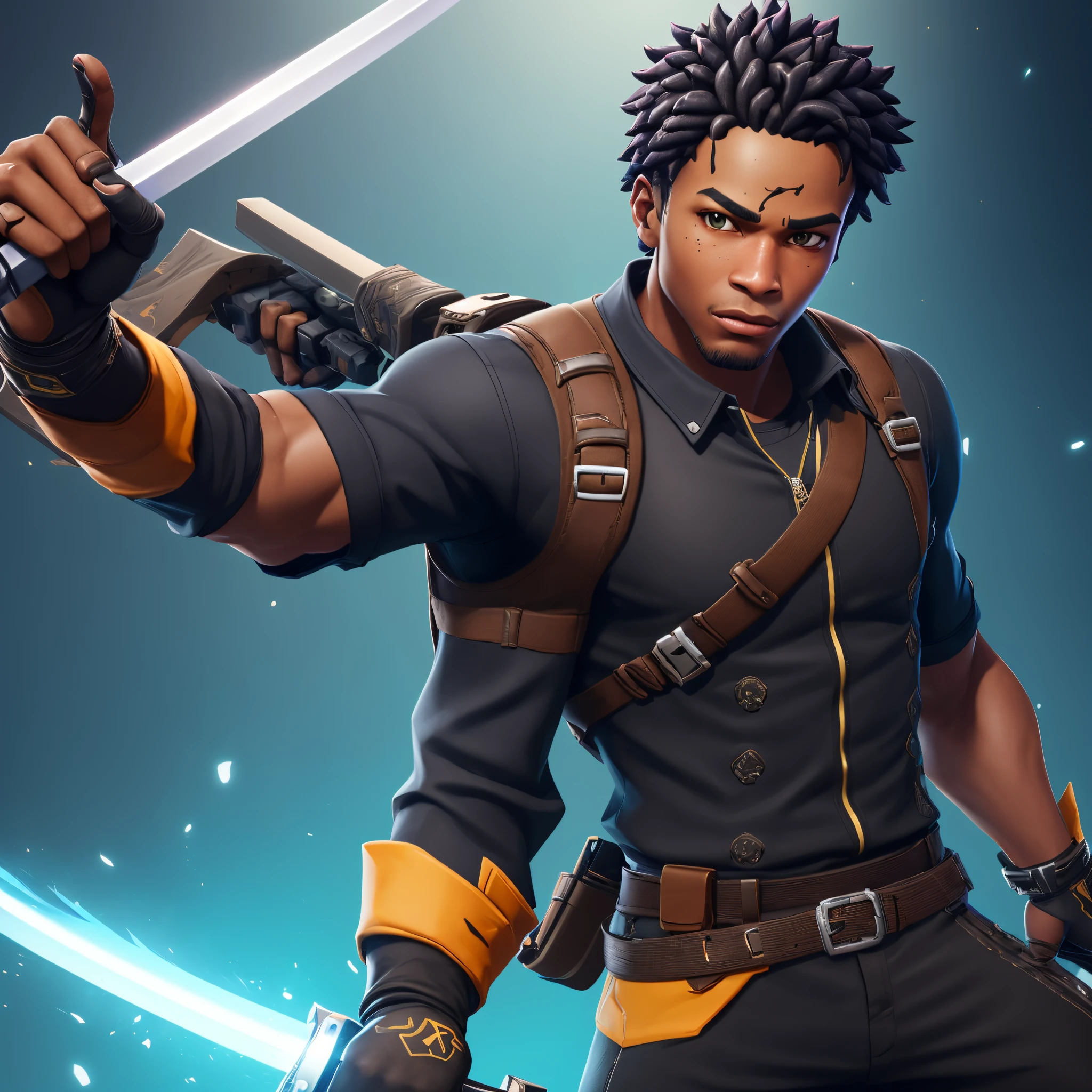 Fortnite black guy with a  high tech gear with a katana and has the power to have any power and has short Curley hair