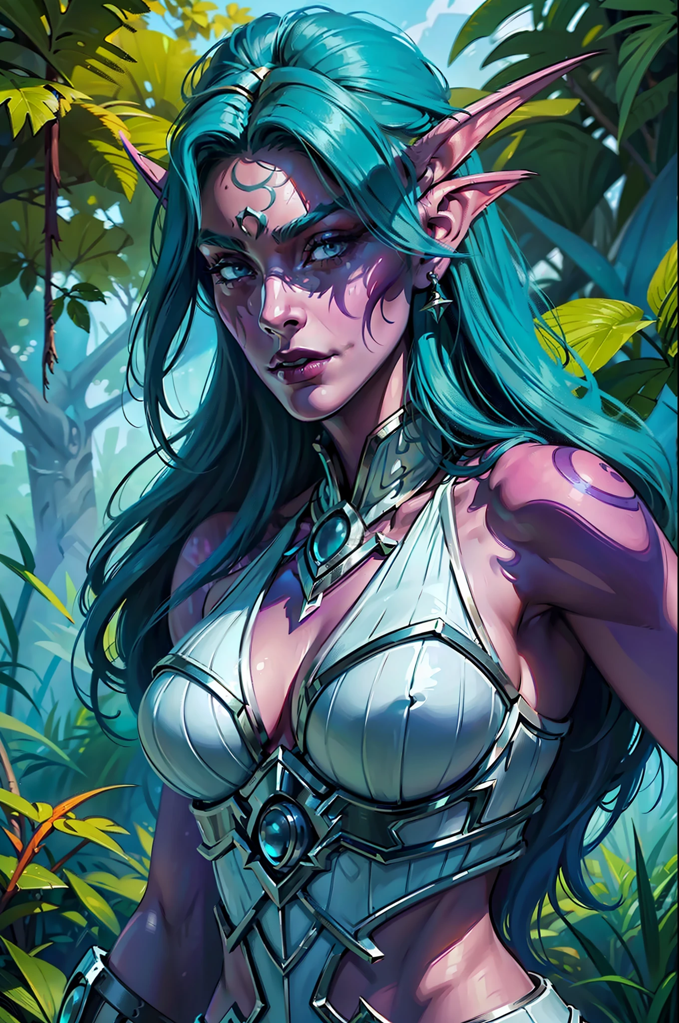 ultra high detailed illustration of a Tyrande Whisperwind wondering through jungle, giant black panther next to her, high quality, super quality, sharp details, high details, octane render, unreal engine 5.0 graphics, cinematic look, realistic, hyper-realism, {{{Warcraft}}}, warcraft character, nice slim body, perfect body, beautiful body, beautiful face, very nice face, very nice facial features, very detailed face, very detailed facial features, high detailed body, high detailed face, nice cloth