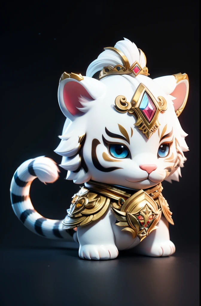 masterpiece, best quality, white tiger, cute, small, round body, cute face, two tails, gold Asian armor, simple background, solo