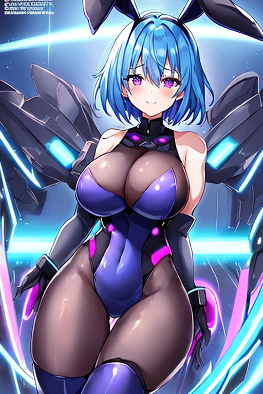 1girl, blue hair, large breasts, breasts, thick thighs, wide hips, purple eyes, bodysuit, black bodysuit, short hair, light smile, happy, very short hair, science-fiction, tech, futuristic, black pantyhose, neon, machinery, bunny ears, neon trim, anime style, 2d, anime screencap, blue neon trim, shoulder armor, muscular, cute face