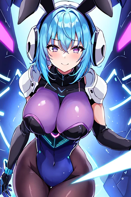 1girl, blue hair, large breasts, breasts, thick thighs, wide hips, purple eyes, bodysuit, black bodysuit, short hair, light smile, happy, very short hair, science-fiction, tech, futuristic, black pantyhose, neon, machinery, bunny ears, neon trim, anime style, 2d, anime screencap, blue neon trim, shoulder armor, muscular, cute face