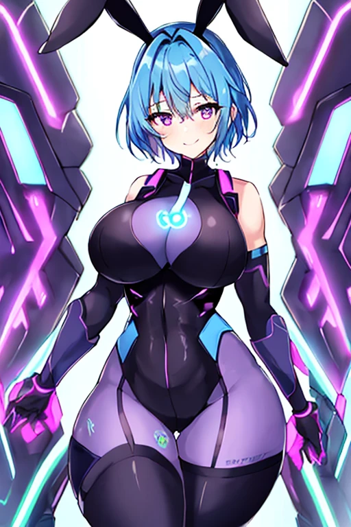 1girl, blue hair, large breasts, breasts, thick thighs, wide hips, purple eyes, bodysuit, black bodysuit, short hair, light smile, happy, very short hair, science-fiction, tech, futuristic, black pantyhose, neon, machinery, bunny ears, neon trim, anime style, 2d, anime screencap, blue neon trim, shoulder armor, muscular, cute face