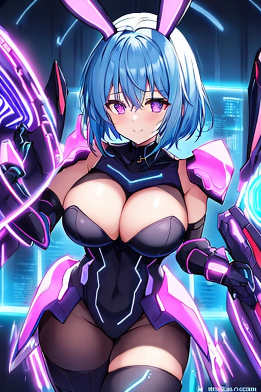 1girl, blue hair, large breasts, breasts, thick thighs, wide hips, purple eyes, bodysuit, black bodysuit, short hair, light smile, happy, very short hair, science-fiction, tech, futuristic, black pantyhose, neon, machinery, bunny ears, neon trim, anime style, 2d, anime screencap, blue neon trim, shoulder armor, muscular, cute face