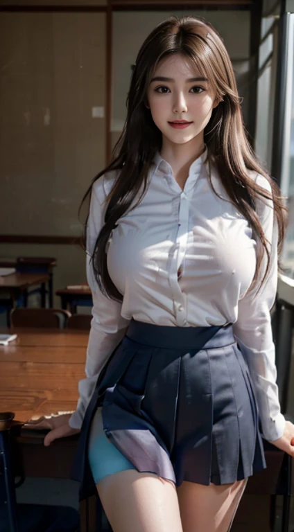 ((japanese beautiful woman:1.3)) ((School uniforms:1.4)) ((Panty shots:1.5)) ((High school)),((dark-blue skirt:1.3)) ((in class room:1.3)) ((Thin_Fabric:1.4)) ((Random sexy pose:1.3)) ((Sweaty:1.5))((Be red in the face:1.4)) ((Big breasts:1.4)) ((Close-up:1.2)) Best quality,Masterpiece,超高分辨率,(Photorealistic:1.4),RAW photo,(Authentic skin texture:1.3),(filmgrain:1.3),in a panoramic view,Character portrait,very wide wide shot,Narrow waist,Cowboy shot,(In the dark, deepshadow, low tune, Cold light,) Night,(()),streaming tears,,Dust,Tyndall effect,(expression),1girll,Beautiful detailed eyes and face,White jabot,Brown eyes,((Brown hair:1.2)) ((full bodyesbian:1.3)) ((Smile:1.3))