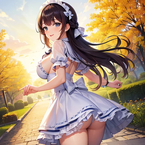 ((masterpiece,best quality)), highres, extremely detailed 8K wallpaper, ｂig boobs, cheerful, greeting, morning, smile, white frilly dress, mini skirt, bow, tights, fascinator, braid, sunny, from behind, sunshine,