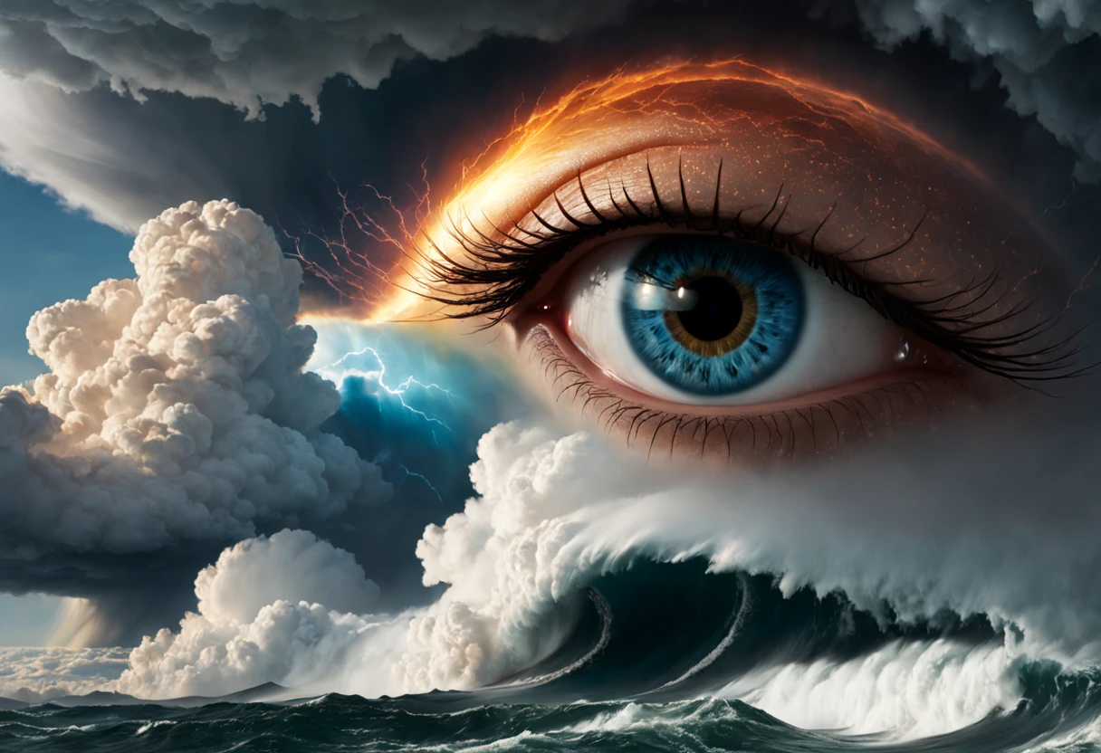 Close-up of the center of the storm, Eye of the typhoon,hurricane, apocalypse hurricane storm, Stormy weather, eyed, The storm of all storms, cloud with eye, firestorm, Inspired by Storm Thorgerson, Oh, God&#39;Eye view, Explosive pigmentation, webcam photography, Aerial photography, visual pun, Jean Delville, Narrative-driven visual storytelling, Macro zoom, Environmental awareness, Terror wave, Cloud core, yankees core, Aerial photography, in the style of a visual pun, Macro zoom, bird's eyes view, Copy punk, Terror wave, webcam photography, mottled，(Best quality at best,4K,8K,A high resolution,tmasterpiece:1.2),ultra - detailed,(actual,realistically,realistically:1.37),