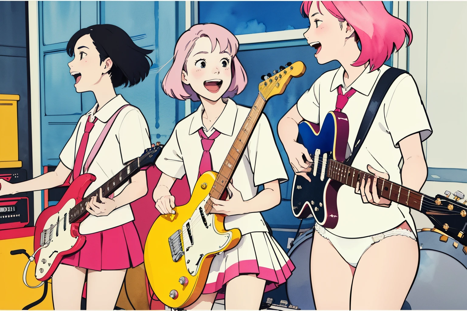 (superflat, flat shading, flat colors), (closeup), 3girls, , rock band, (white panties), no skirt, school uniform, play electric guitars, in a garage, sing, having fun, bright, wide angle, vibrant colors, watercolor, ghibli style