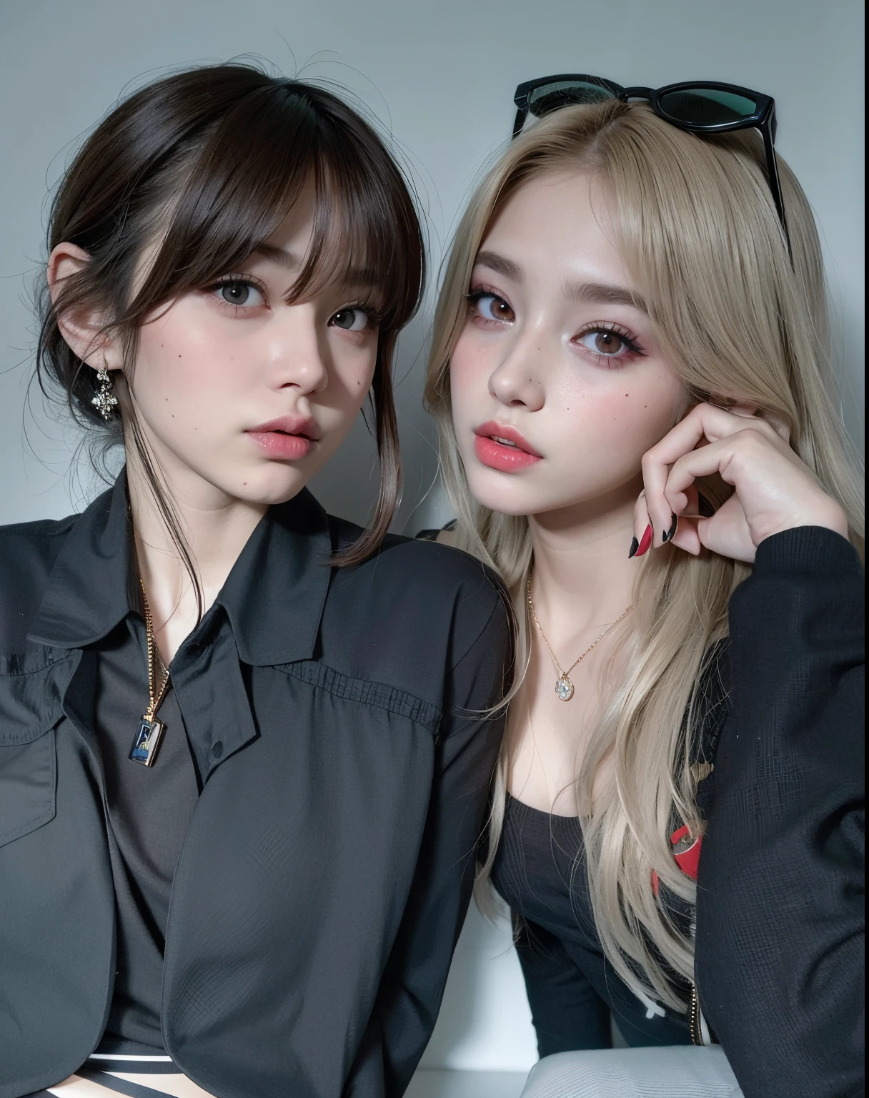 Dos mujeres con el pelo largo y gafas de sol posando para una foto, ulzzang, with pale skin, Dos modelos en el marco, dos chicas, Lalisa Manobal, pale skin and dark eyes, con negro, Nixeu y Sakimichan, Dos hermosas chicas de anime, Hermoso retrato de Geminis Twins, Ambos tienen los labios rojos, con flequillo, beautiful gemini twins