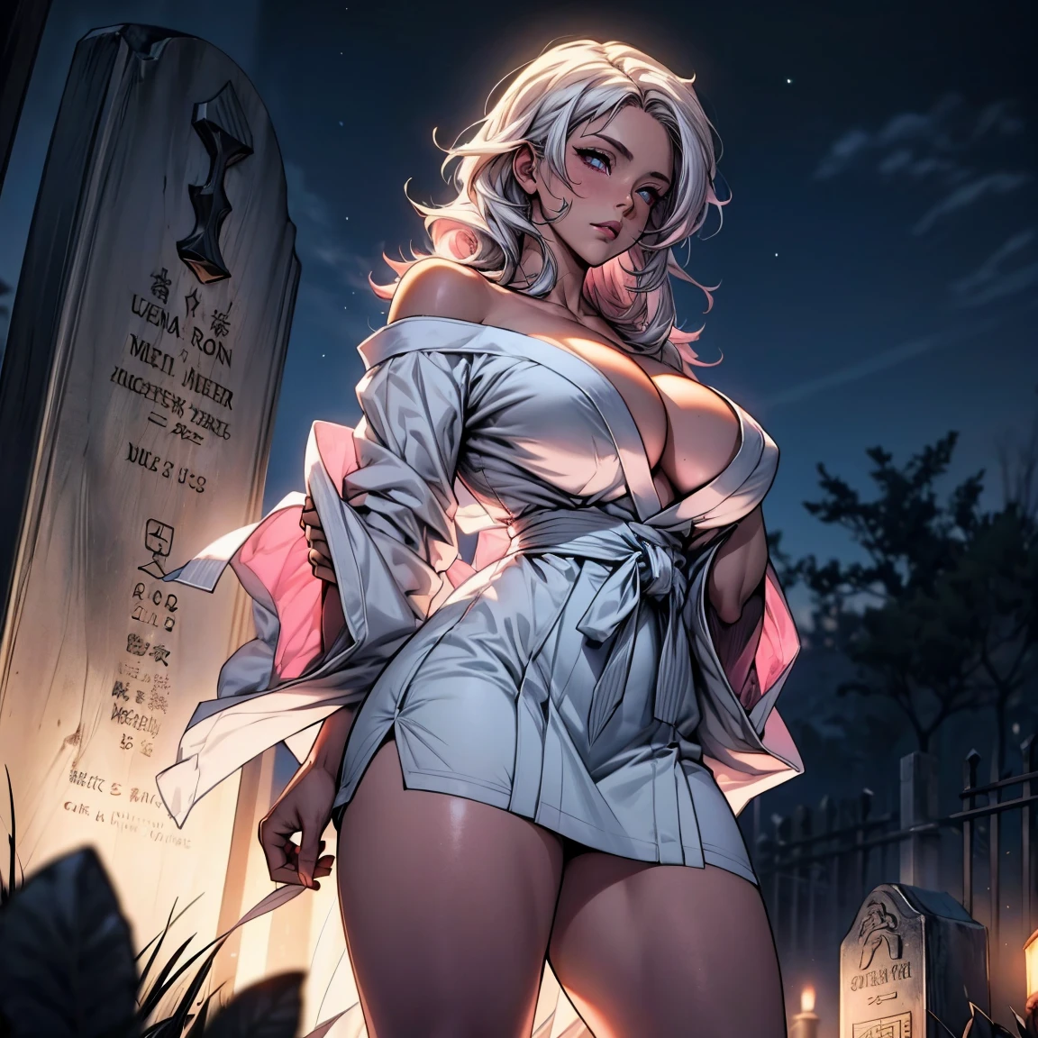 Masterpiece, 1girl,solo,huge breasts, ghost costume , (hitodama) ,night, tombstone, graveyard, long sleeves, very long sleeves, , ghost, pale skin,, off shoulder, cleavage, no bra, (((extremely long white hair))), standing by tombstone, bare legs, shredded tattered clothes, curvy wide hips, massive breasts, chubby thighs, (((beautiful bright pink anime eyes))), japanese graveyard, full lips, beautiful mature face, MILF dark lighting